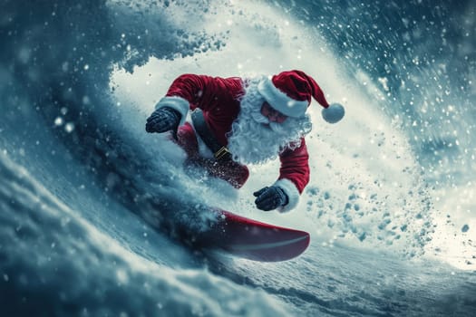 Santa Claus on a surfboard on ocean waves. New Year and Christmas active vacation concept.