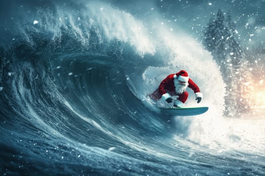 Surfing Santa Claus on a surfboard on the waves in the sea . Active vacation concept for New Year and Christmas.