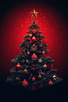 Stylish Christmas tree with decorations on a red background. Christmas tree with gifts. Christmas background. Festive decoration.