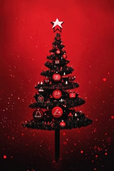 Stylish Christmas tree with decorations on a red background. Christmas tree with gifts. Christmas background. Festive decoration.