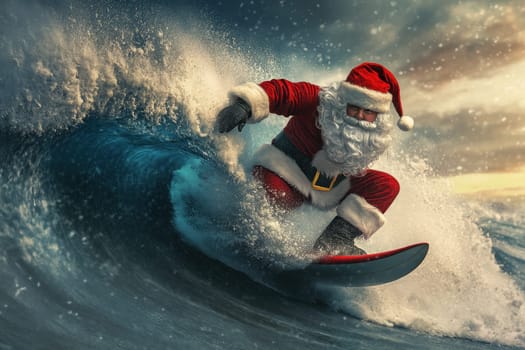 Santa Claus on a surfboard on ocean waves. New Year and Christmas active vacation concept.