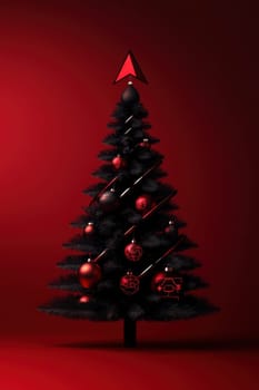 Stylish Christmas tree with decorations on a red background. Christmas tree with gifts. Christmas background. Festive decoration.