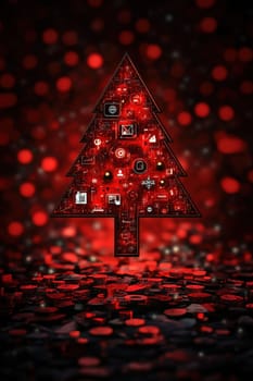 Stylish Christmas tree with decorations on a red background. Christmas tree with gifts. Christmas background. Festive decoration.