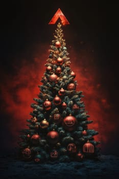 Stylish Christmas tree with decorations on a red background. Christmas tree with gifts. Christmas background. Festive decoration.