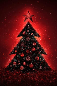 Stylish Christmas tree with decorations on a red background. Christmas tree with gifts. Christmas background. Festive decoration.