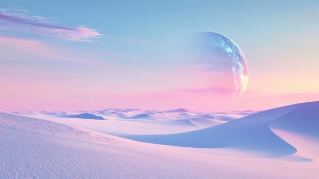 A large silver ball in the desert with pink sand. Surreal landscape.