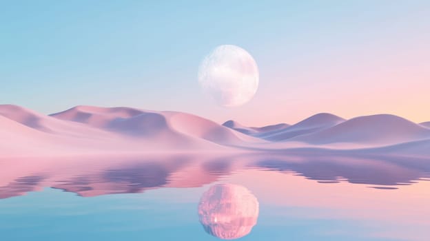 A large silver ball in the desert with pink sand. Surreal landscape.