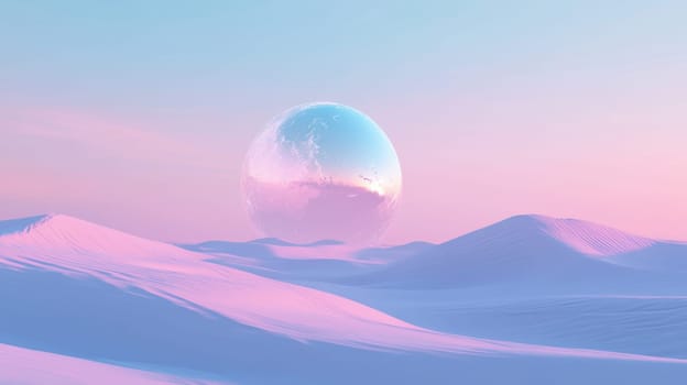 A large silver ball in the desert with pink sand. Surreal landscape.