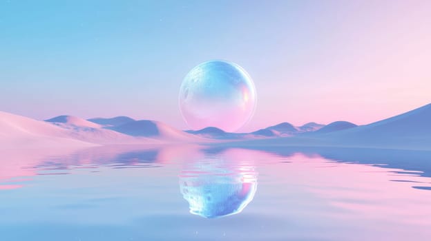 A large silver ball in the desert with pink sand. Surreal landscape.
