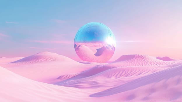 A large silver ball in the desert with pink sand. Surreal landscape.