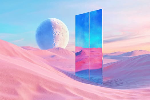 A large silver ball in the desert with pink sand. Surreal landscape.