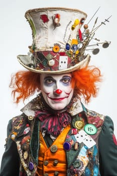 Portrait of the Hatter on a white isolated background. Cloen wearing a hat at a celebration.