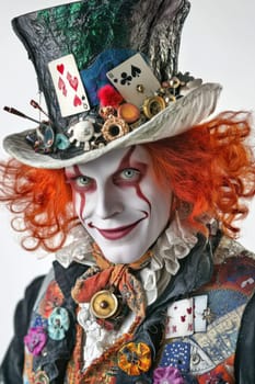 Portrait of the Hatter on a white isolated background. Cloen wearing a hat at a celebration.