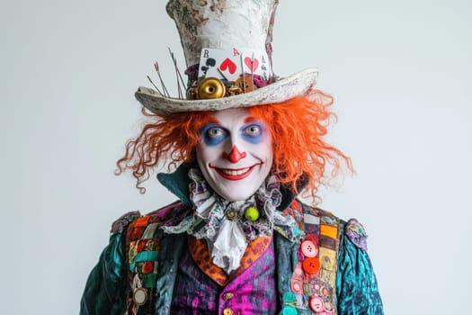 Portrait of the Hatter on a white isolated background. Cloen wearing a hat at a celebration.