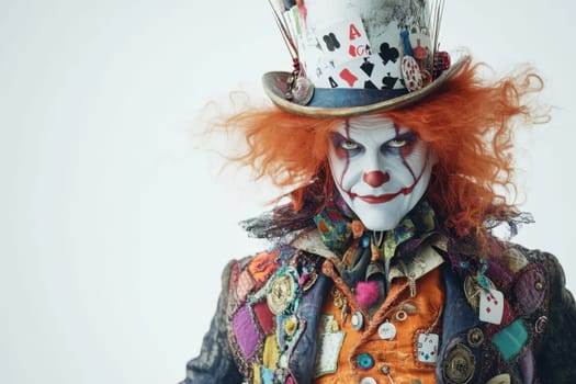 Portrait of the Hatter on a white isolated background. Cloen wearing a hat at a celebration.