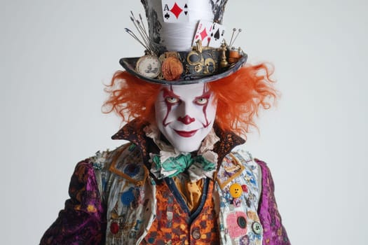 Portrait of the Hatter on a white isolated background. Cloen wearing a hat at a celebration.