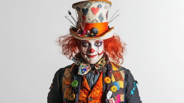 Portrait of the Hatter on a white isolated background. Cloen wearing a hat at a celebration.