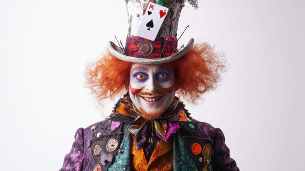 Portrait of the Hatter on a white isolated background. Cloen wearing a hat at a celebration.