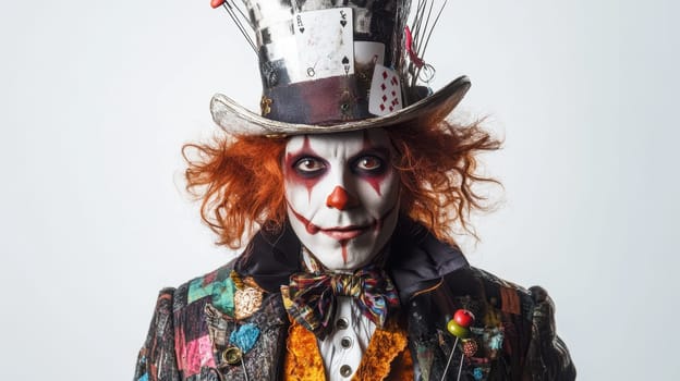 Portrait of the Hatter on a white isolated background. Cloen wearing a hat at a celebration.