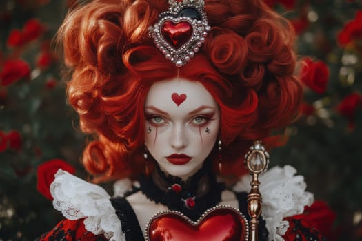 Portrait of a woman in the Queen of Hearts Costume from the fairy tale. Fairy tale character in nature.