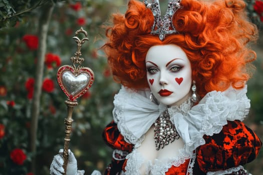 Portrait of a woman in the Queen of Hearts Costume from the fairy tale. Fairy tale character in nature.