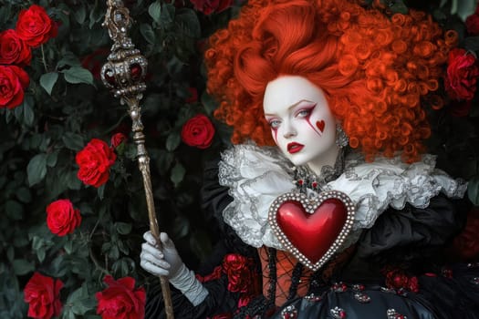 Portrait of a woman in the Queen of Hearts Costume from the fairy tale. Fairy tale character in nature.