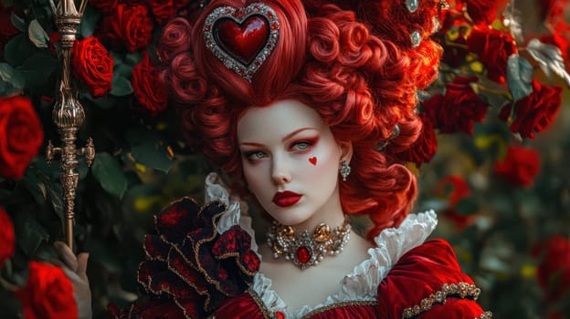 Portrait of a woman in the Queen of Hearts Costume from the fairy tale. Fairy tale character in nature.