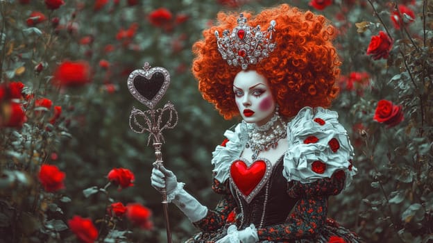 Portrait of a woman in the Queen of Hearts Costume from the fairy tale. Fairy tale character in nature.