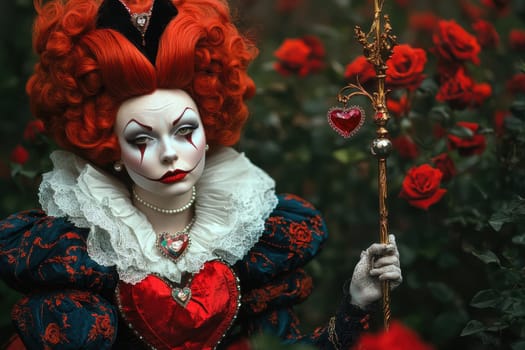 Portrait of a woman in the Queen of Hearts Costume from the fairy tale. Fairy tale character in nature.