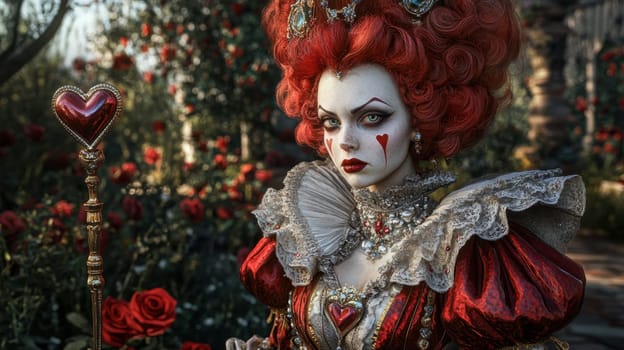 Portrait of a woman in the Queen of Hearts Costume from the fairy tale. Fairy tale character in nature.