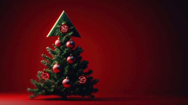 Stylish Christmas tree with decorations on a red background. Christmas tree with gifts. Christmas background. Festive decoration.