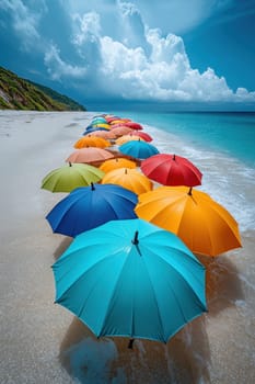 Lots of colored umbrellas to create shade on a hot day at the beach. Colorful umbrellas are spread out on the tropical beach.