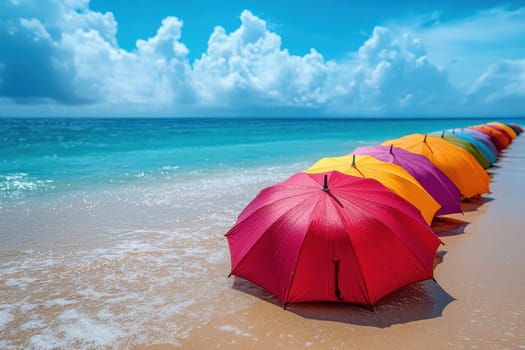 Colorful umbrellas lie on the tropical beach. Rain umbrellas in good weather.