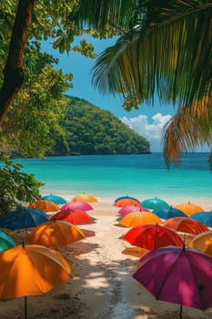Colorful umbrellas lie on the tropical beach. Rain umbrellas in good weather.