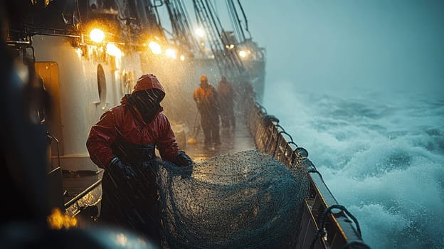 A fisherman catches fish with nets on an industrial fishing vessel in the northern seas. Industrial fishing.