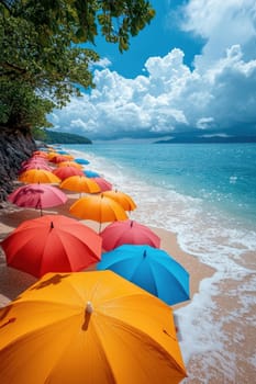 Colorful umbrellas lie on the tropical beach. Rain umbrellas in good weather.