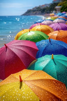 Lots of colored umbrellas to create shade on a hot day at the beach. Colorful umbrellas are spread out on the tropical beach.