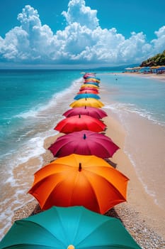Colorful umbrellas lie on the tropical beach. Rain umbrellas in good weather.