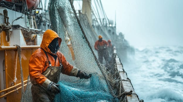 A fisherman catches fish with nets on an industrial fishing vessel in the northern seas. Industrial fishing.