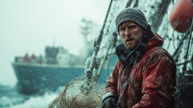 A fisherman catches fish with nets on an industrial fishing vessel in the northern seas. Industrial fishing.