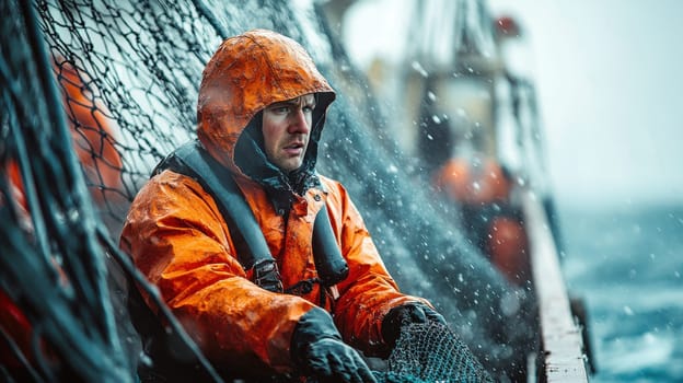 A fisherman catches fish with nets on an industrial fishing vessel in the northern seas. Industrial fishing.