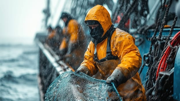 A fisherman catches fish with nets on an industrial fishing vessel in the northern seas. Industrial fishing.
