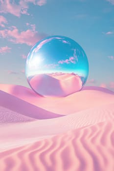 A large glass ball in the desert with pink sand. Surrealism.