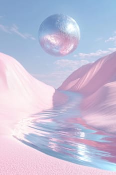 A large glass ball in the desert with pink sand. Surrealism.