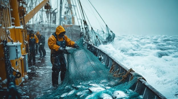 A fisherman catches fish with nets on an industrial fishing vessel in the northern seas. Industrial fishing.
