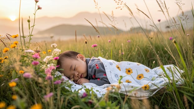 Asian chinese baby is sleeping contentedly on a blanket surrounded by colorful flowers in a serene meadow at sunset. The golden light enhances the tranquil atmosphere - Generative AI