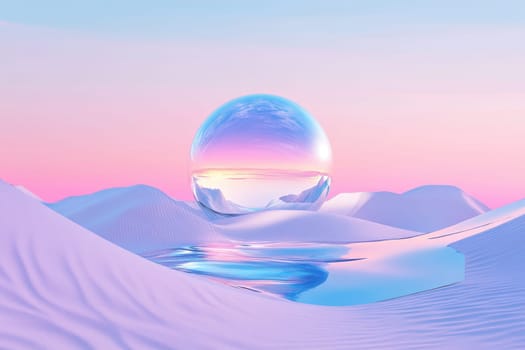 A large glass ball in the desert with pink sand. Surrealism.