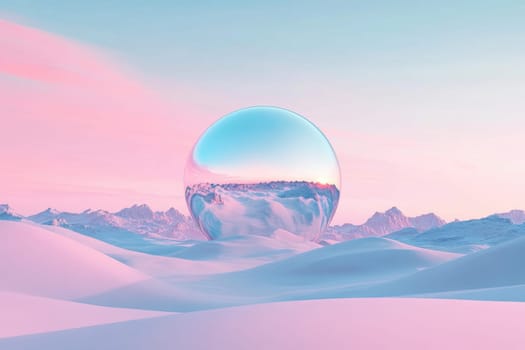 A large glass ball in the desert with pink sand. Surrealism.