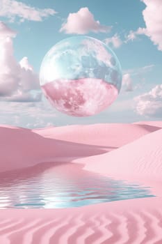 A large glass ball in the desert with pink sand. Surrealism.