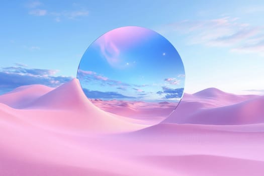 A large glass ball in the desert with pink sand. Surrealism.